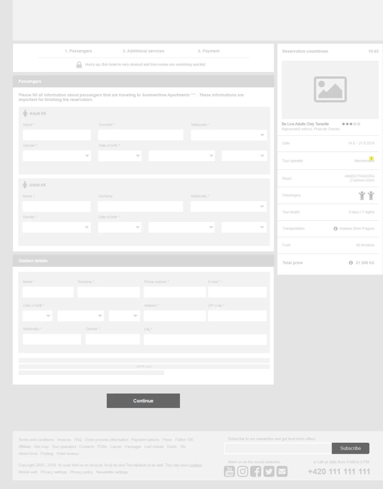 Booking krok 1, wireframe