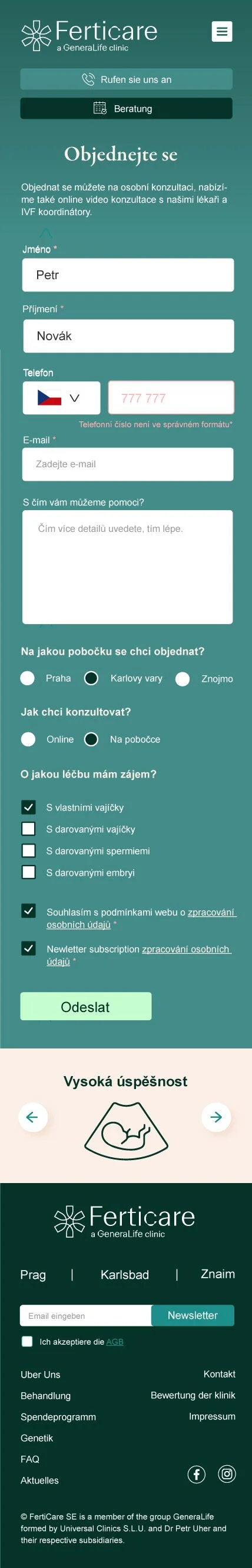 FertiCare rezervační formulář, mobil