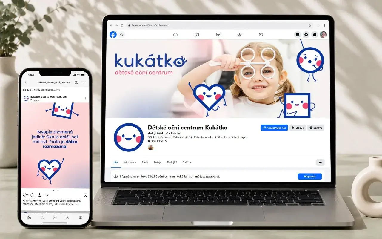 Profil Kukátko na Facebooku a Instagramu notebook a telefon