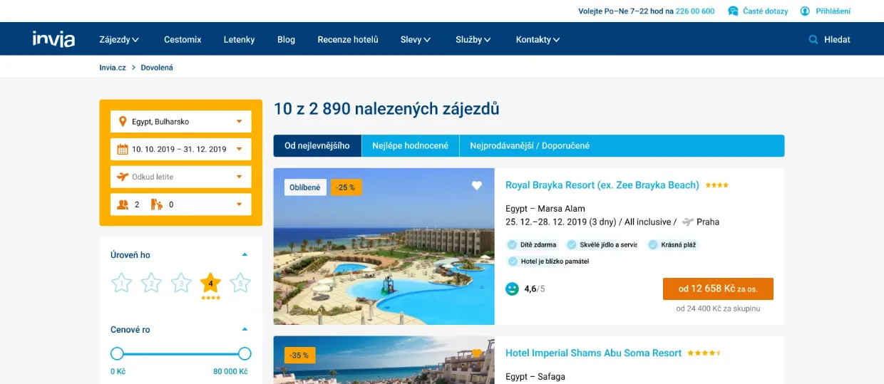 Invia, výsledky vyhledávání zájezdů