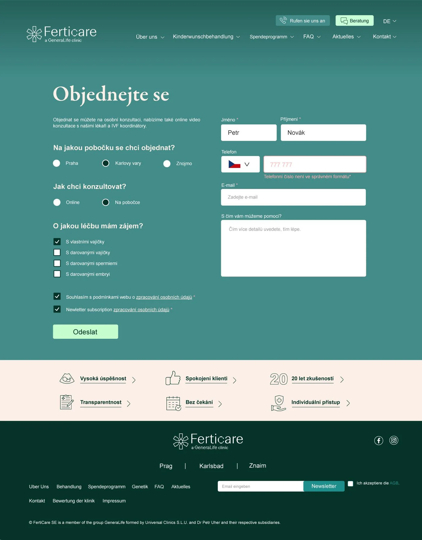 FertiCare rezervační formulář, desktop, inline validace telefonu